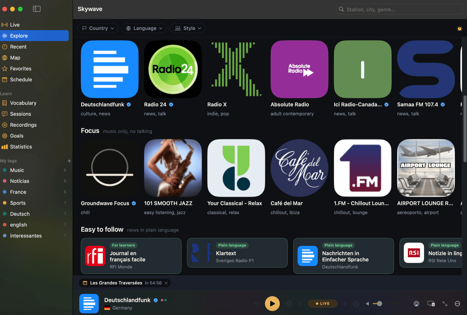 Skywave on macOS: explore view with stations, focus and easy-to-follow rows