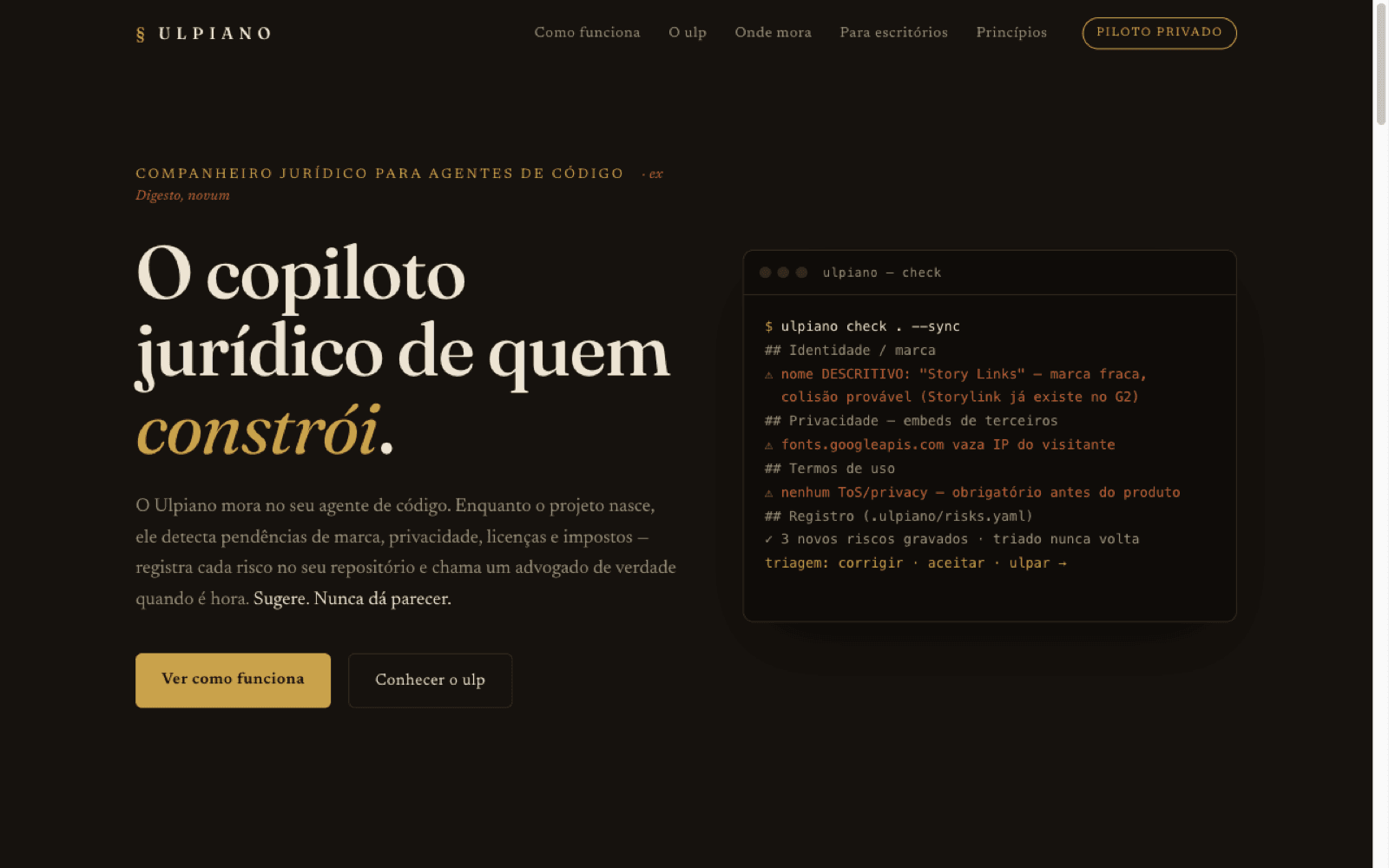 Ulpiano landing page with a terminal running ulpiano check